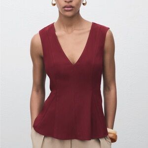 Mango TOP PEPLUM LYOCELL Deep Red V-Neck Blouse Small NWT